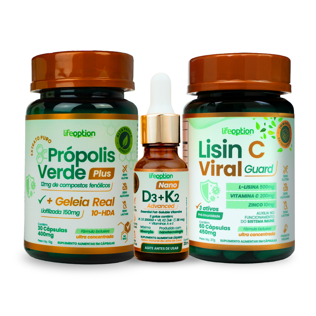 Protocolo Avançado Imunidade e Prevenção Nano D3 K2 Advanced + Lisin C Viral Guard + Própolis Verde Plus com Geleia Real